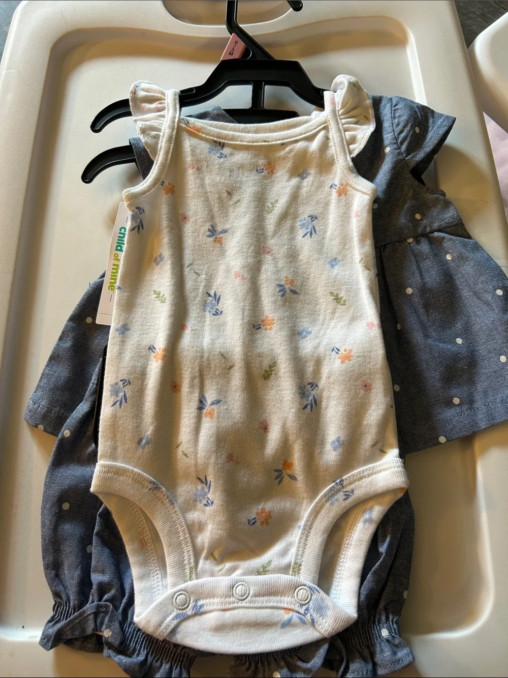 Blue Polka Dot Baby Dress & Bloomer Set with floral onesie